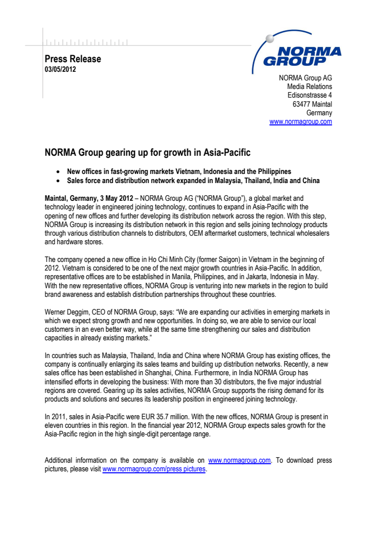 NORMA Group gearing up for growth in Asia-Pacific
