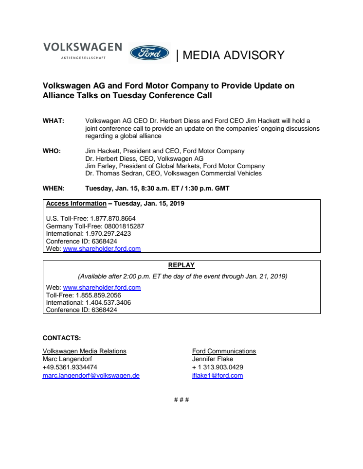 Ford VW Media Advisory