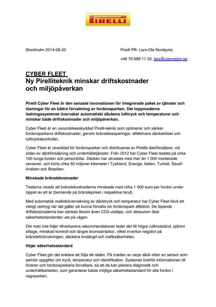 CYBER FLEET:  Ny Pirelliteknik minskar driftskostnader  och miljöpåverkan