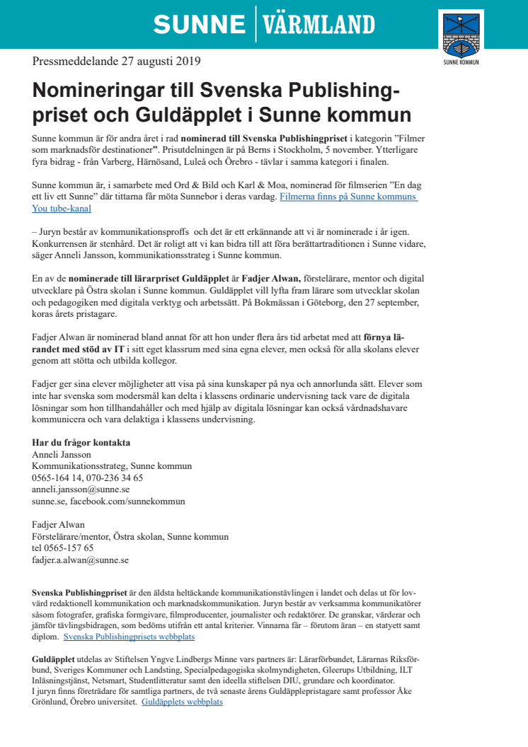 Nomineringar till Svenska Publishingpriset och Guldäpplet i Sunne kommun