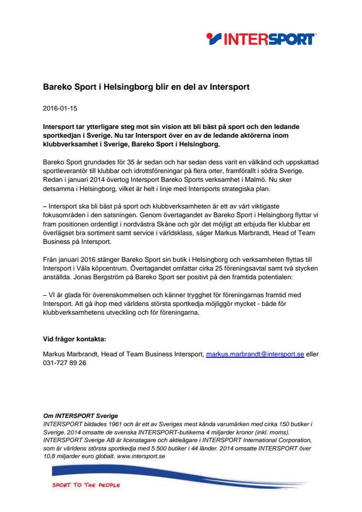 Bareko Sport i Helsingborg blir en del av Intersport 