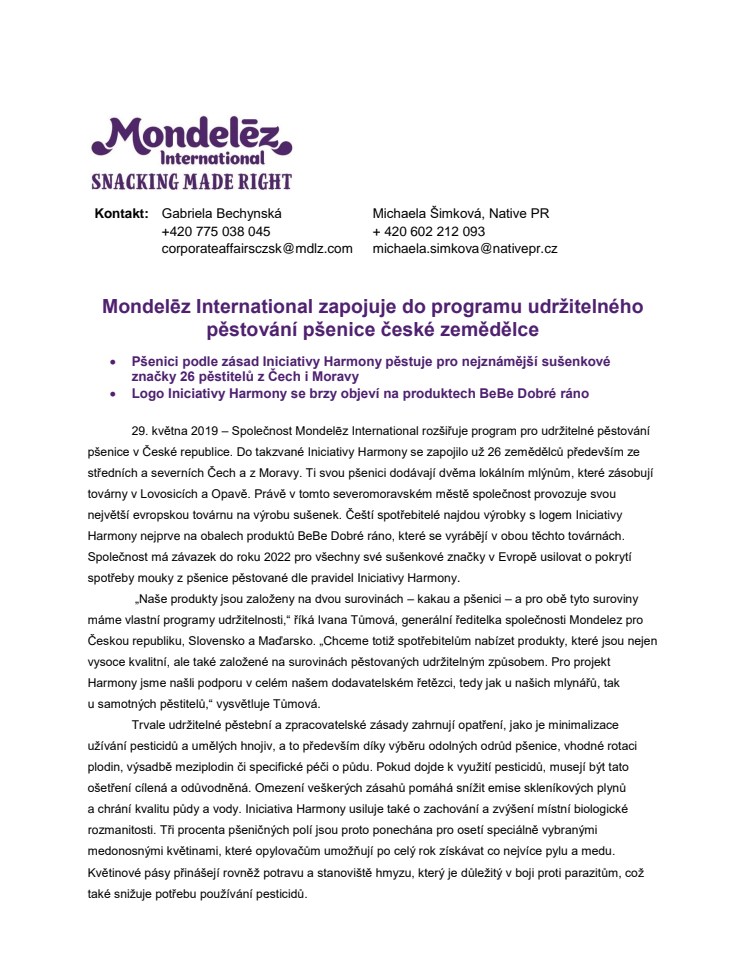 Mondelēz International zapojuje do programu udržitelného pěstování pšenice české zemědělce