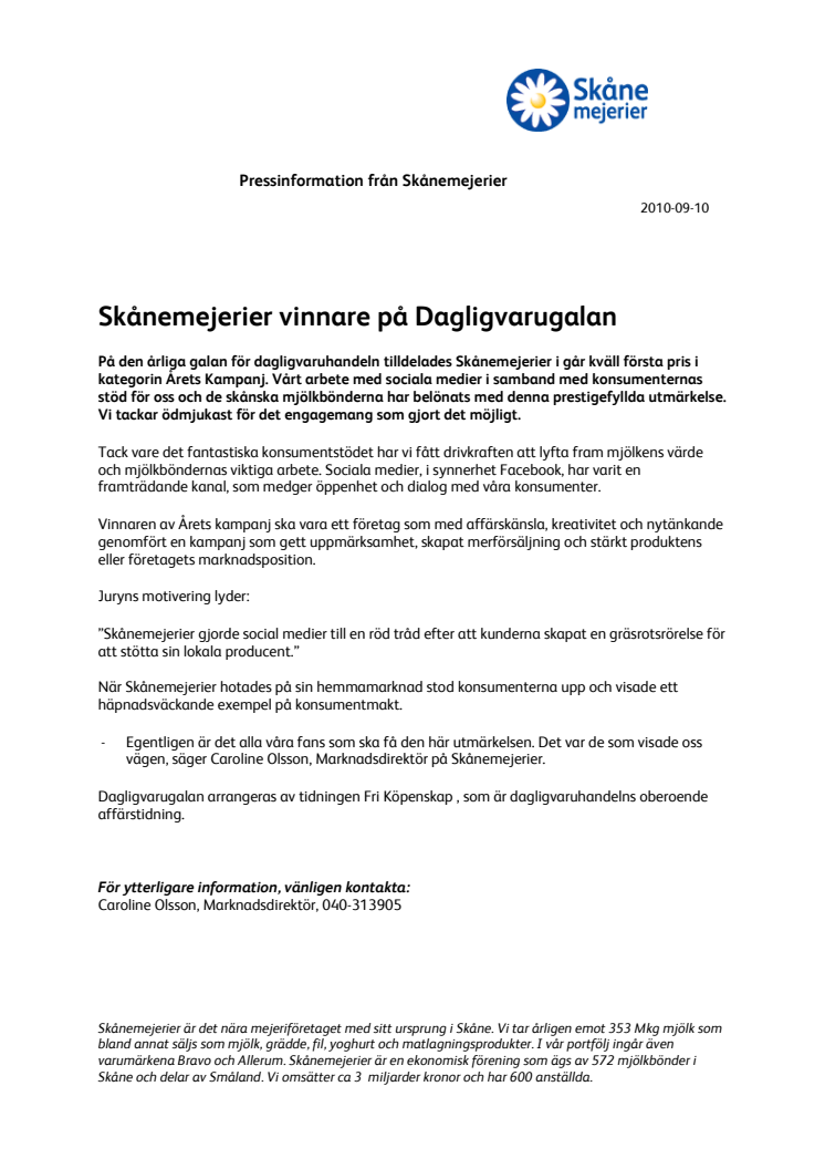 Skånemejerier vinnare på Dagligvarugalan