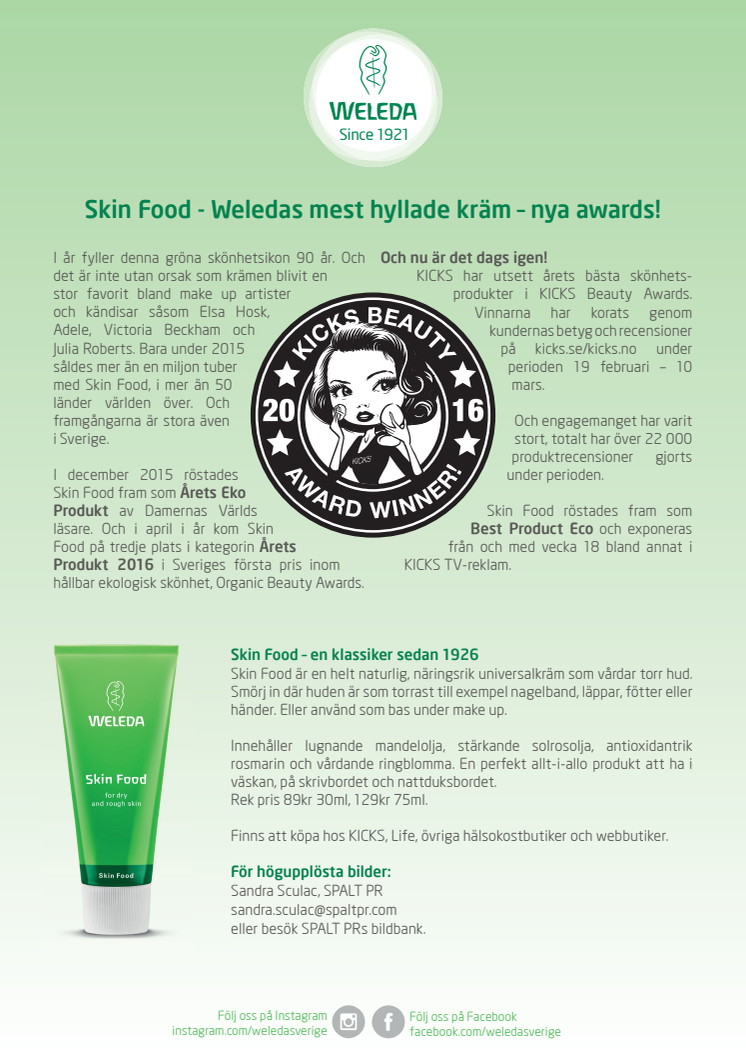 Skin Food vinnare i Kicks Awards 2016