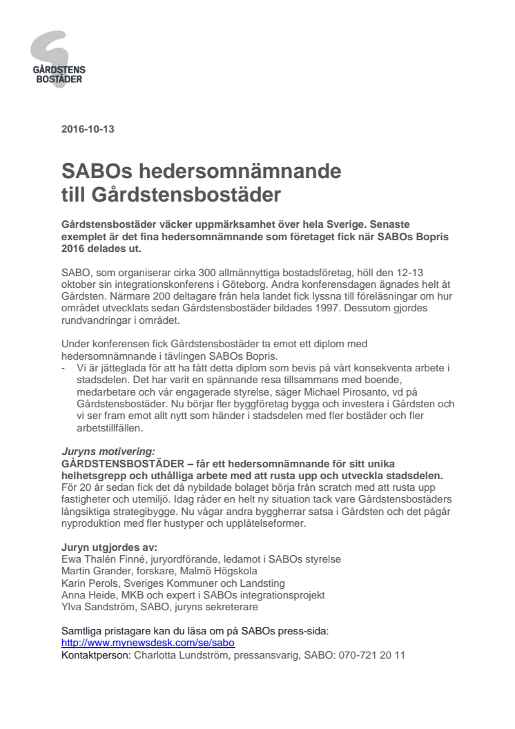 SABOs hedersomnämnande till Gårdstensbostäder