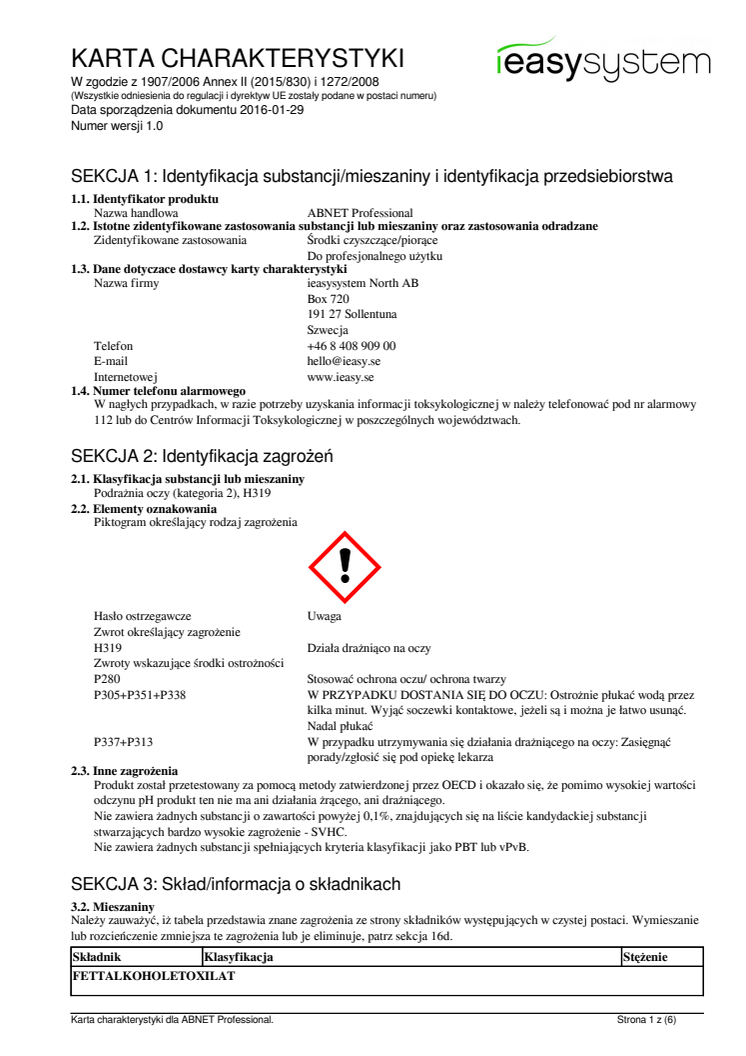 Säkerhetsdatablad | ABNET Professional | polska 
