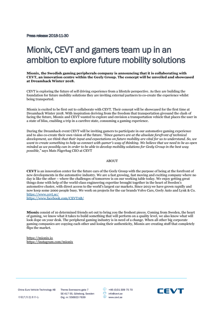Mionix, CEVT and gamers team up in an ambition to explore future mobility solutions