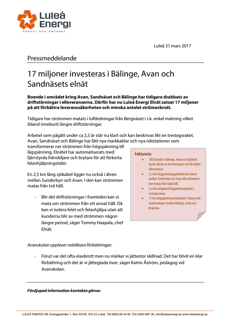 ​17 miljoner investeras i Bälinge, Avan och Sandnäsets elnät 
