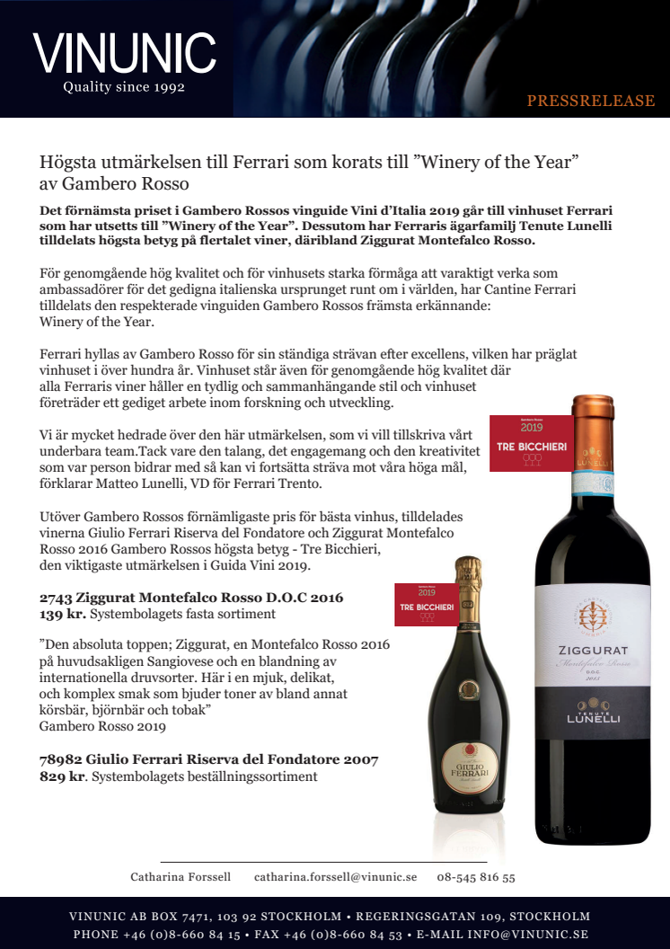 Högsta utmärkelsen till Ferrari som korats till ”Winery of the Year”  av Gambero Rosso