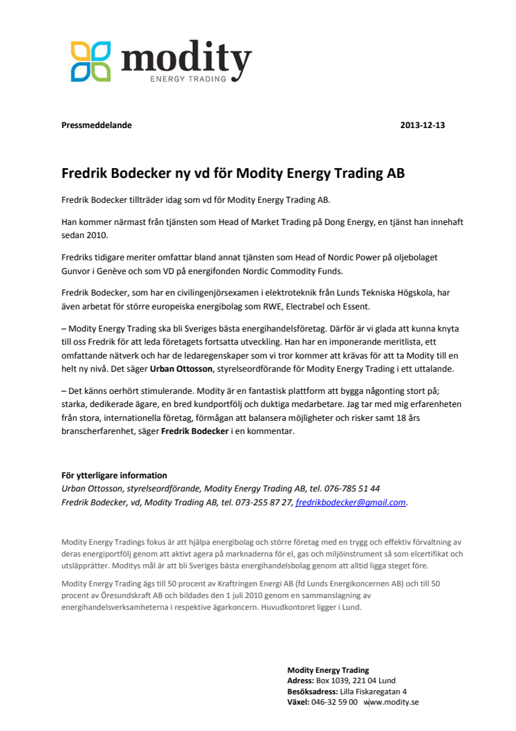 Fredrik Bodecker ny vd för Modity Energy Trading AB