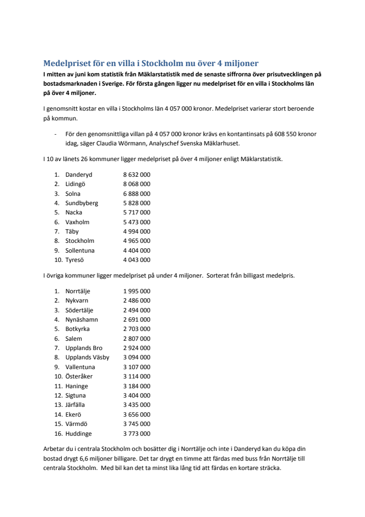 Medelpriset för en villa i Stockholm nu över 4 miljoner