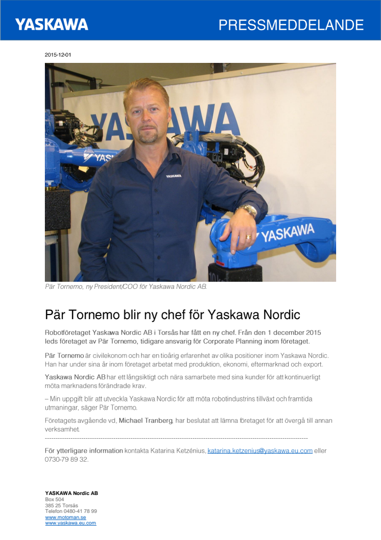 Pär Tornemo blir ny chef för Yaskawa Nordic