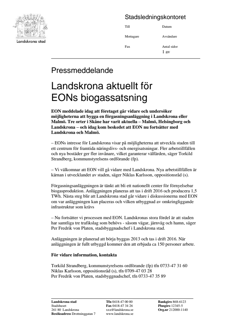 Landskrona aktuellt för EONs biogassatsning 