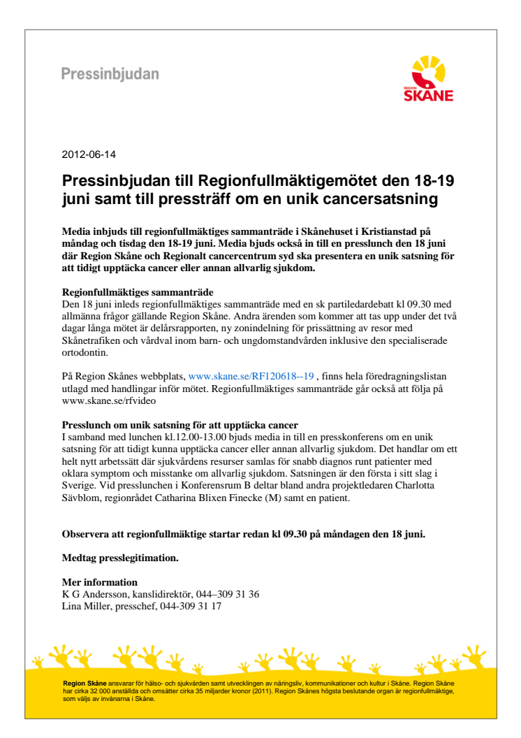 Pressinbjudan till Regionfullmäktigemötet den 18-19 juni samt till pressträff om en unik cancersatsning