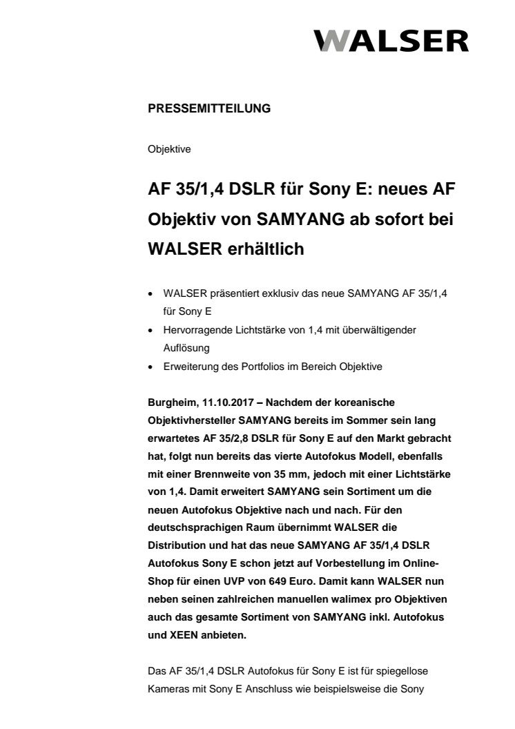 AF 35/1,4 DSLR für Sony E: neues AF Objektiv von SAMYANG ab sofort bei WALSER erhältlich