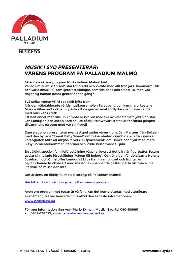 Musik i Syd presenterar: Vårens program på Palladium Malmö 