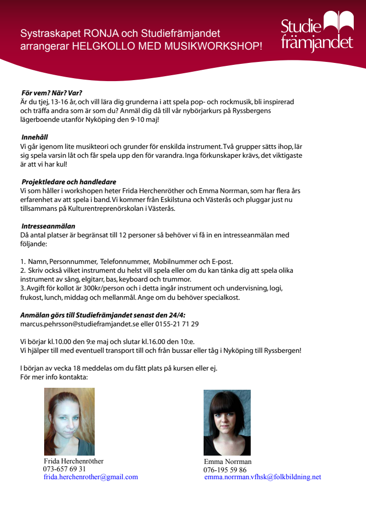 Helgkollo med musikworkshop för tjejer