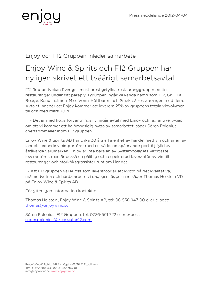 Enjoy Wine & Spirits och F12 Gruppen inleder samarbete