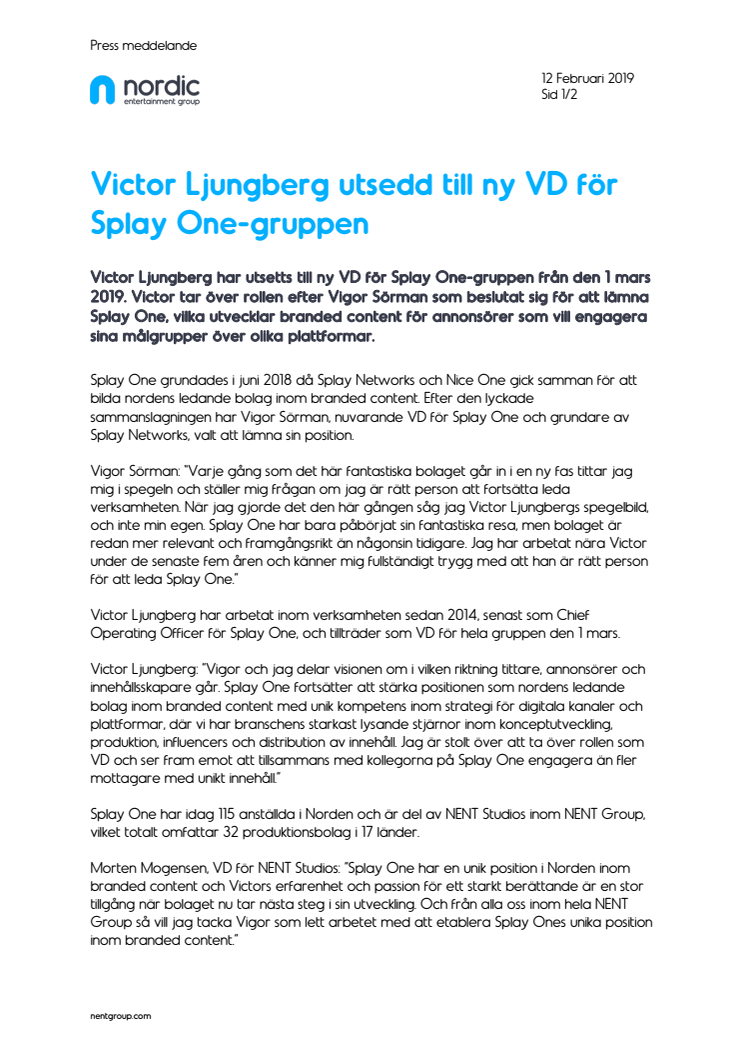 Victor Ljungberg utsedd till ny VD för Splay One-gruppen