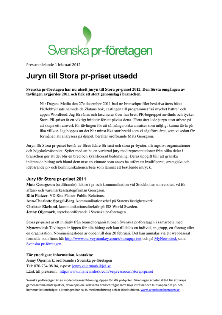 Juryn till Stora pr-priset utsedd