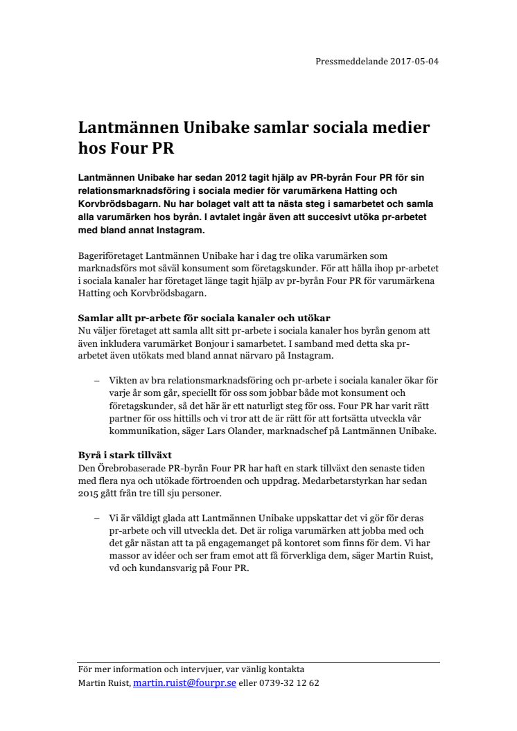 Lantmännen Unibake samlar sociala medier hos Four PR