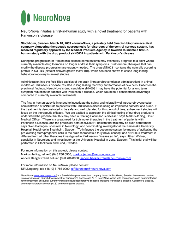 NeuroNova initiates a first-in-human study with a novel treatment for patients with Parkinson´s disease 