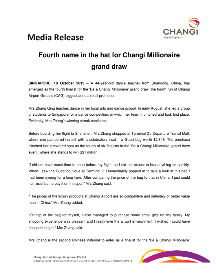 Fourth name in the hat for Changi Millionaire grand draw 