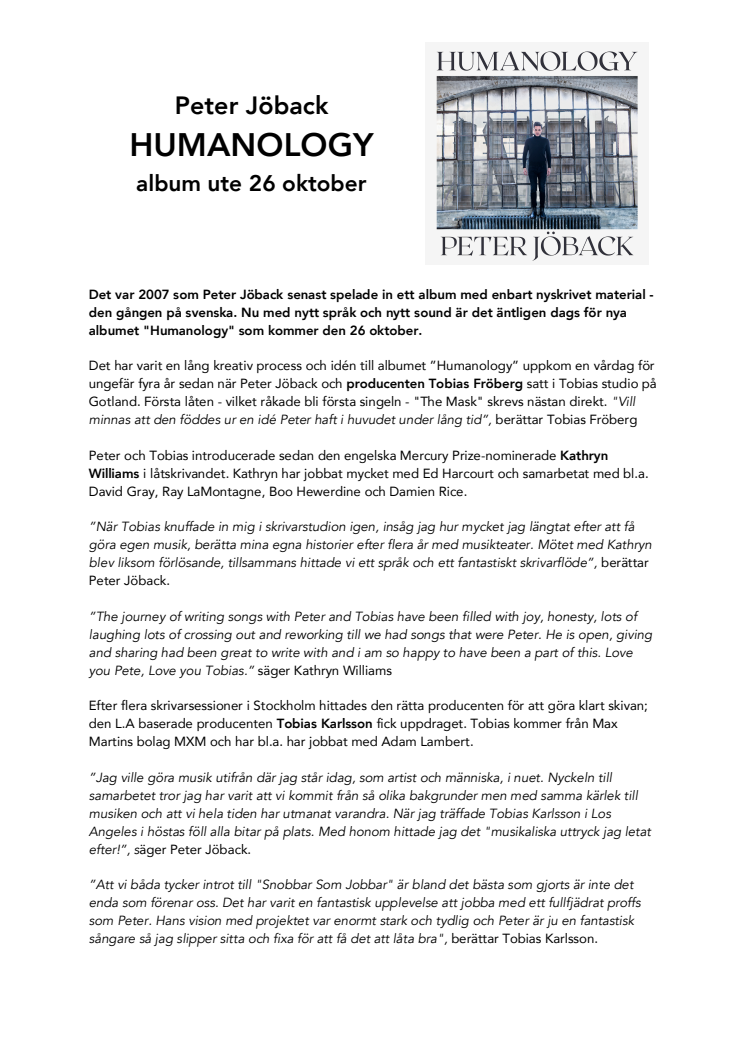 HUMANOLOGY - Peter Jöbacks första studioalbum på elva år släpps fredagen den 26 oktober