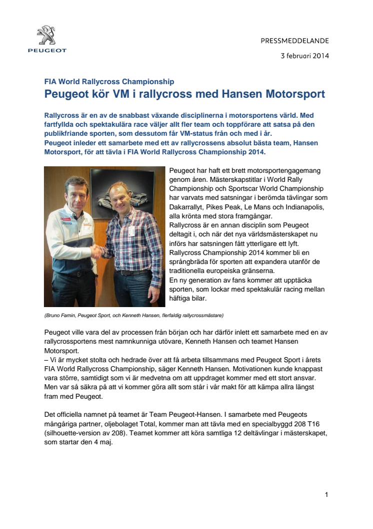 Peugeot kör VM i rallycross med Hansen Motorsport  