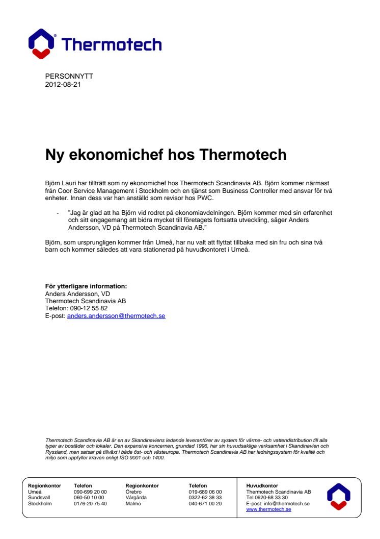 Personnytt - Ny ekonomichef hos Thermotech