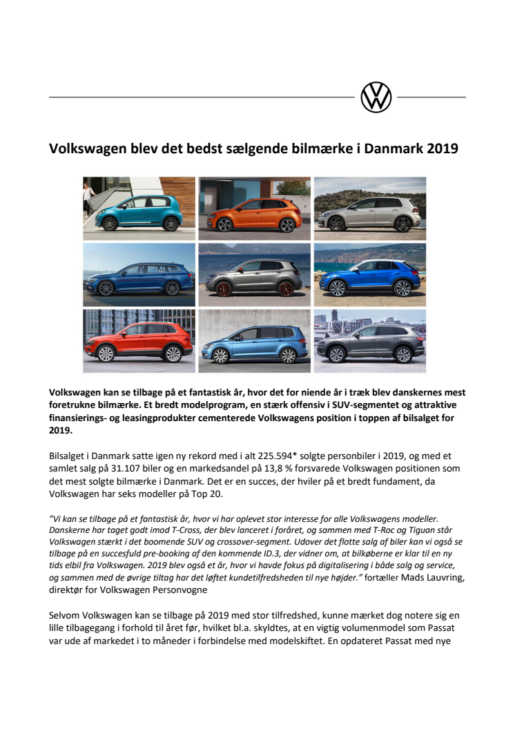 Volkswagen blev det bedst sælgende bilmærke i Danmark 2019