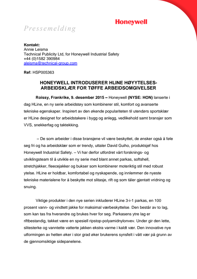 Honeywell introduserer HLline høyytelses-arbeidsklær for tøffe arbeidsomgivelser