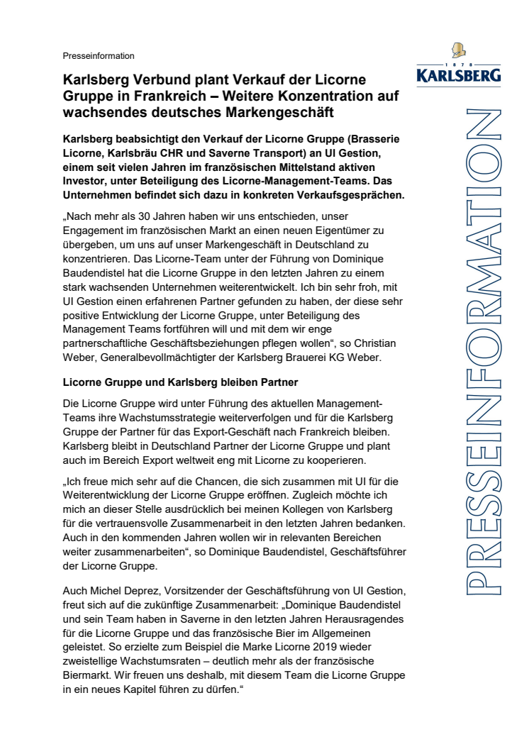 Karlsberg Verbund plant Verkauf der Licorne Gruppe in Frankreich – Weitere Konzentration auf wachsendes deutsches Markengeschäft