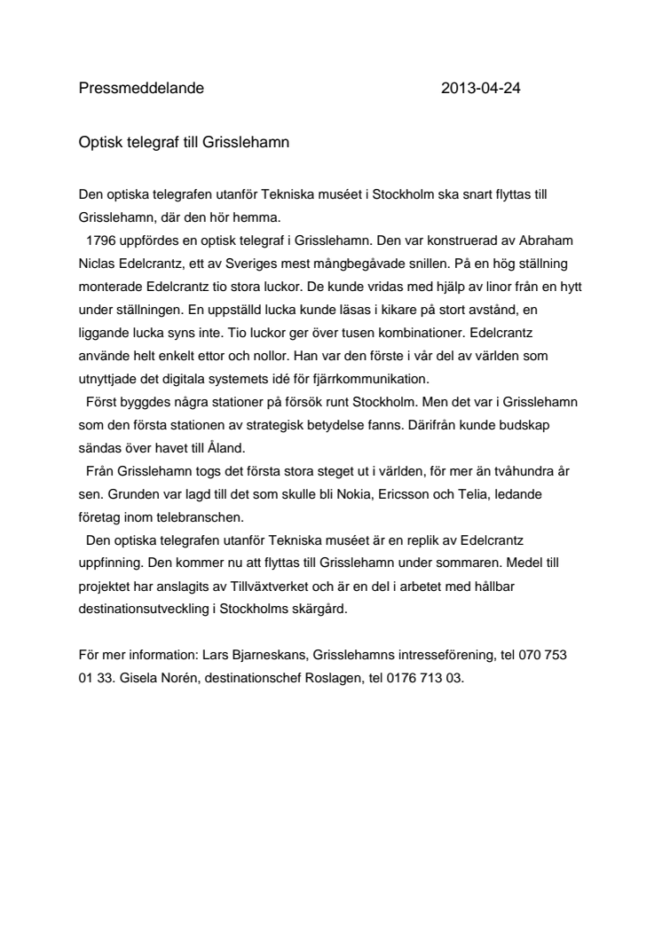 Optisk telegraf till Grisslehamn
