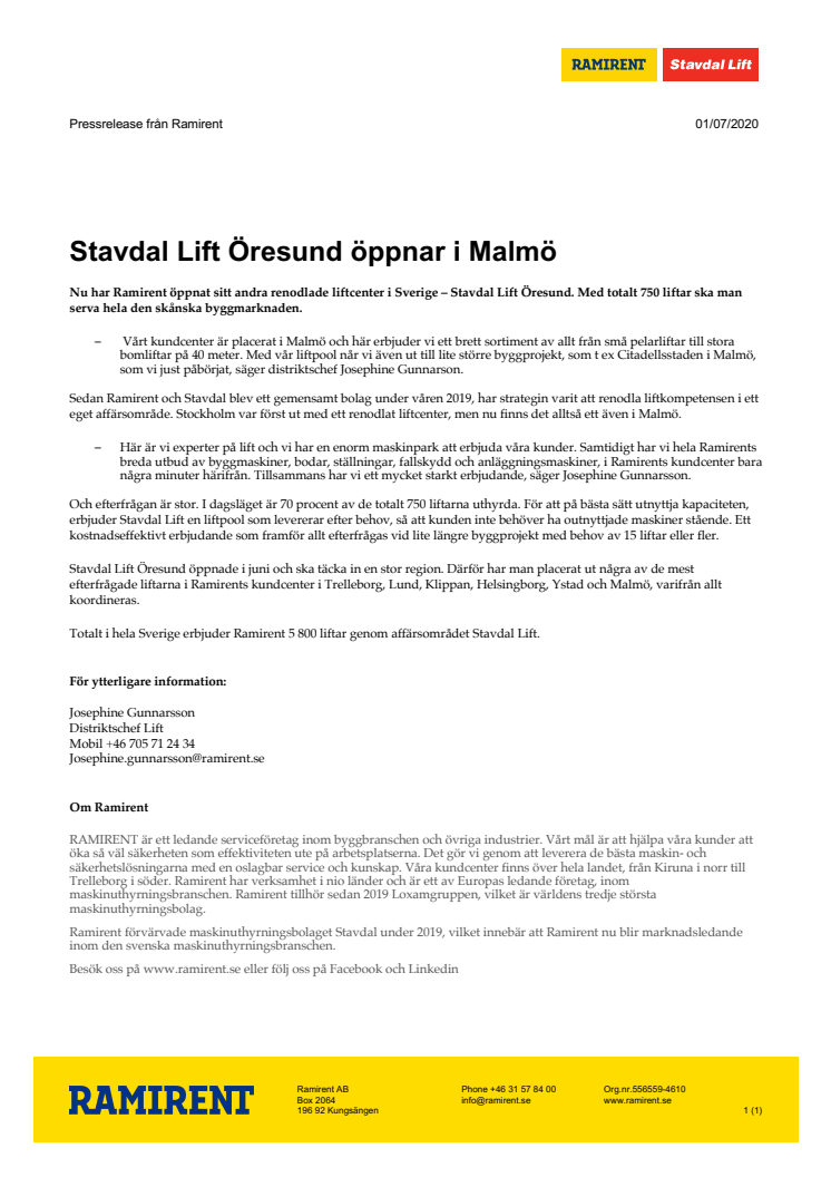 Stavdal Lift Öresund öppnar i Malmö