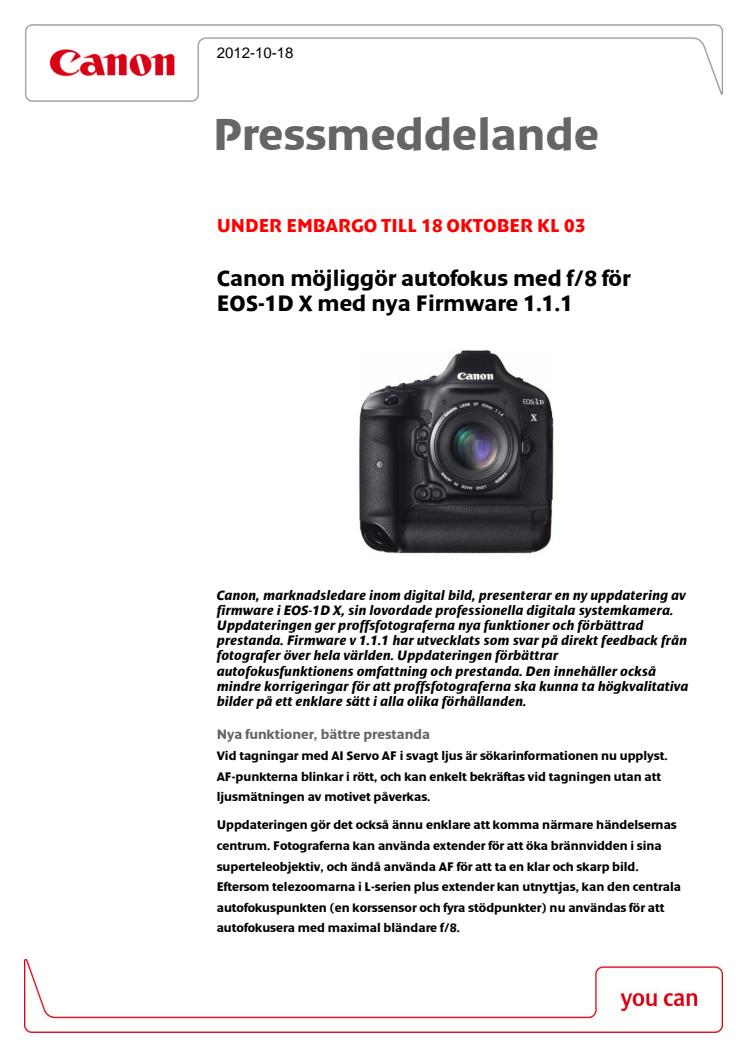 Canon möjliggör autofokus med f/8 för    EOS-1D X med nya Firmware 1.1.1 