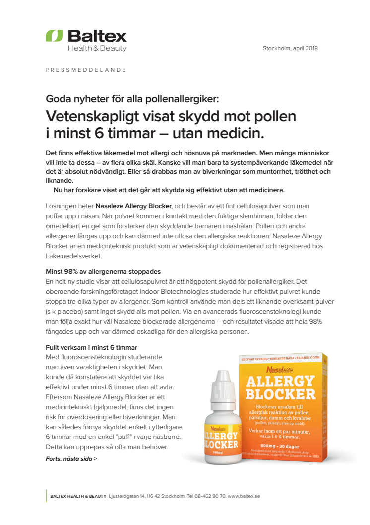 Vetenskapligt visat skydd mot pollen i minst 6 timmar – utan medicin.