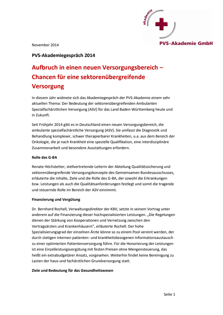 PVS-Akademiegespräch 2014: Aufbruch in einen neuen Versorgungsbereich – Chancen für eine sektorenübergreifende Versorgung
