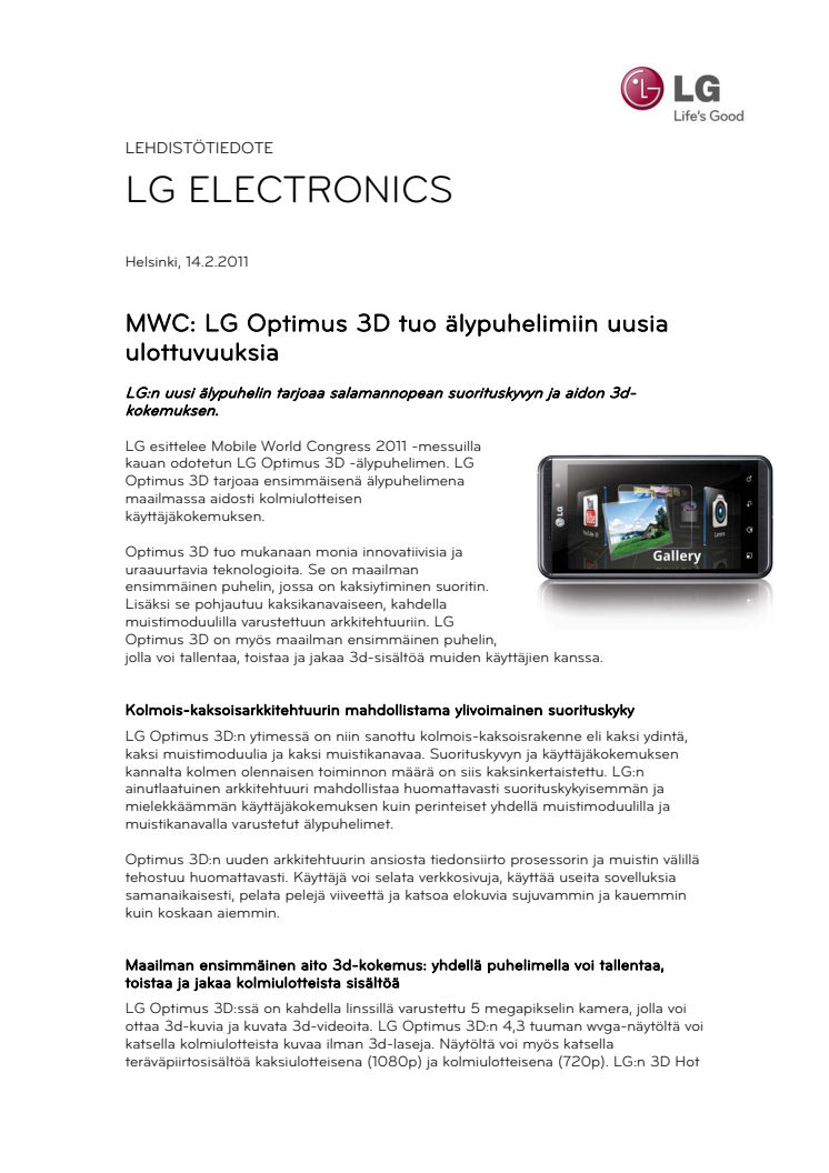 MWC: LG Optimus 3D tuo älypuhelimiin uusia ulottuvuuksia