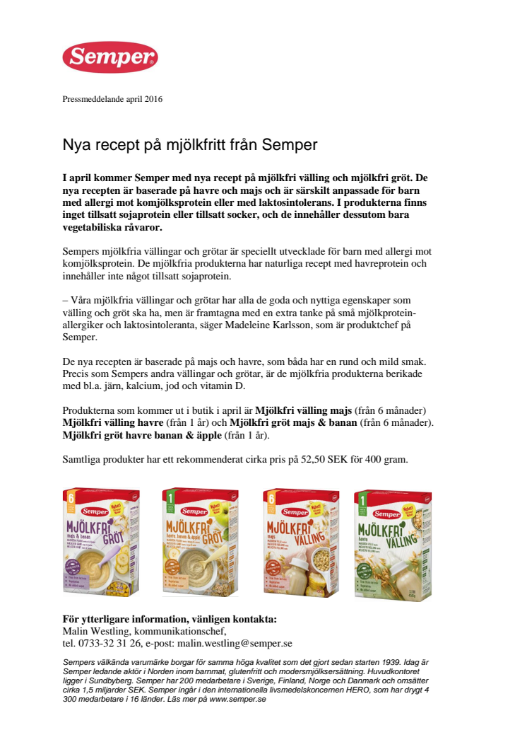 Nya recept på mjölkfritt från Semper 