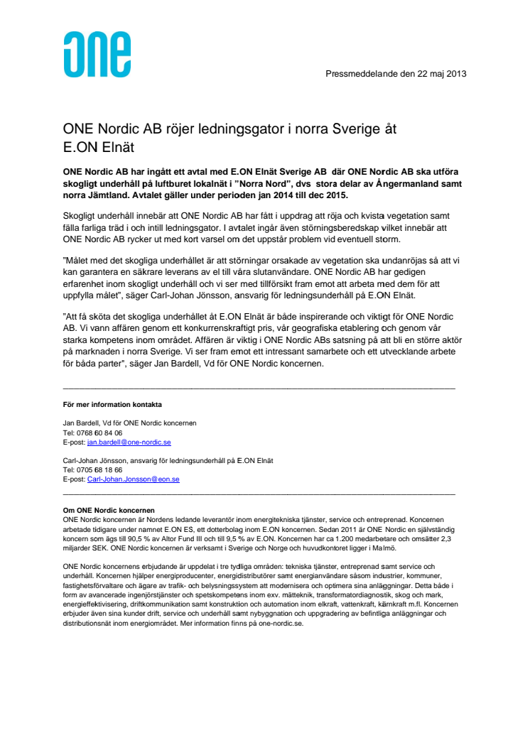 ONE Nordic AB röjer ledningsgator i norra Sverige åt E.ON Elnät