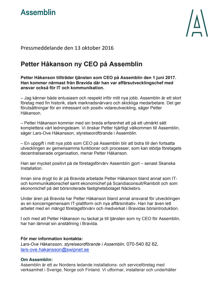Petter Håkanson ny CEO på Assemblin
