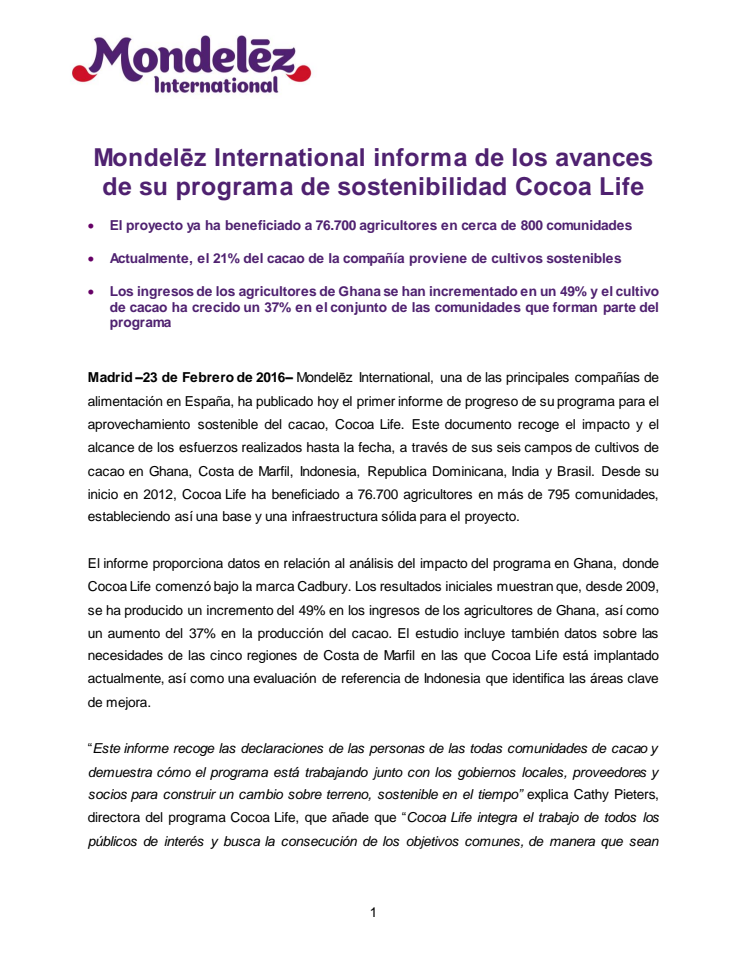  Mondelēz International informa de los avances de su programa de sostenibilidad Cocoa Life