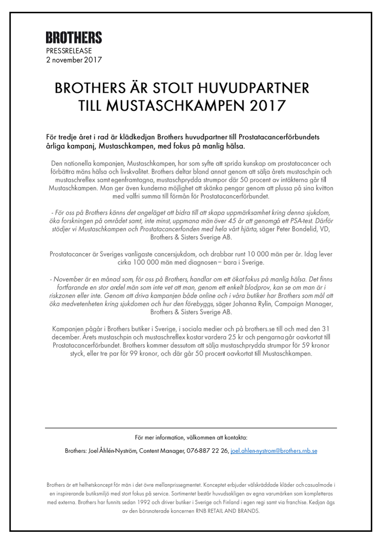 Brothers är stolt huvudpartner till Mustaschkampen 2017