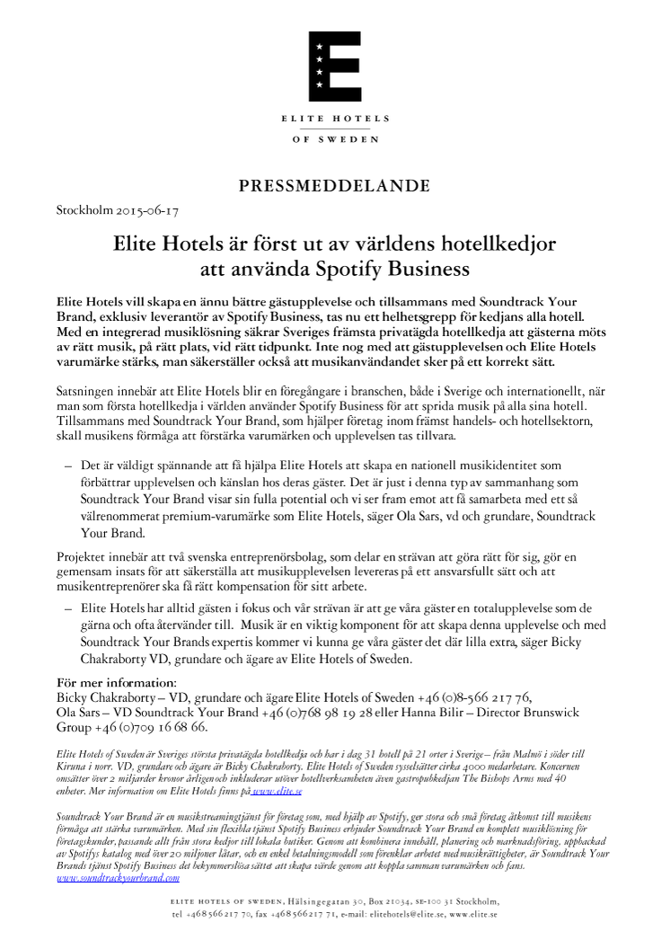 Elite Hotels är först ut av världens hotellkedjor  att använda Spotify Business