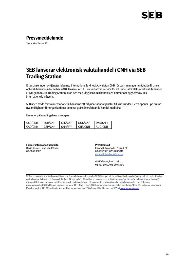 SEB lanserar elektronisk valutahandel i CNH via SEB Trading Station