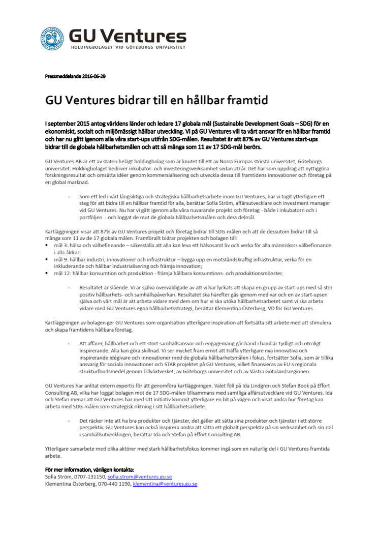 GU Ventures bidrar till en hållbar framtid