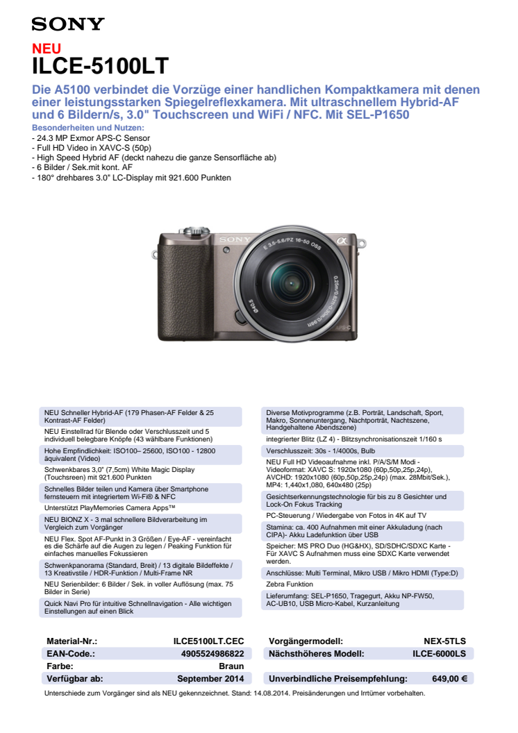 Datenblatt ILCE-5100LT von Sony