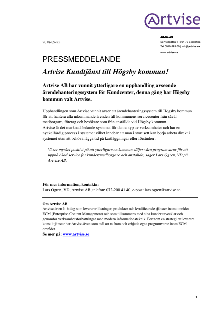 Artvise Kundtjänst till Högsby kommun!