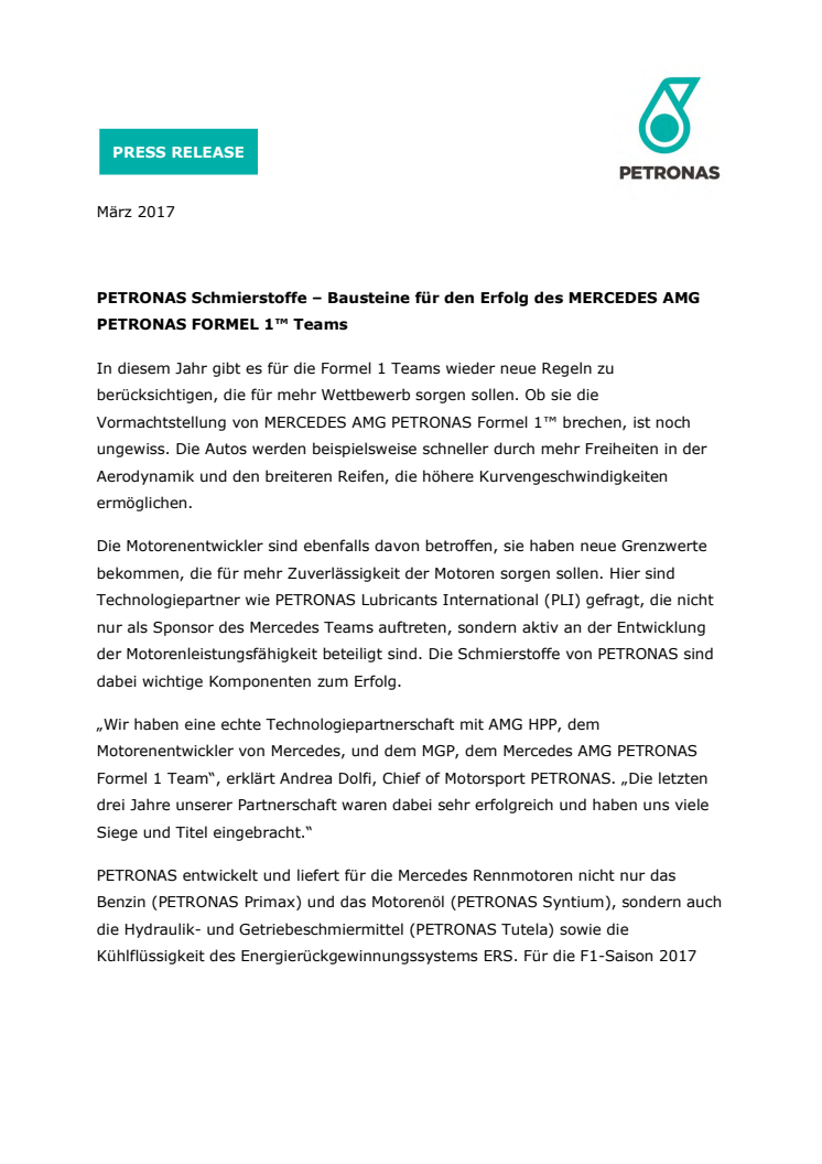 PETRONAS Schmierstoffe – Bausteine für den Erfolg des MERCEDES AMG PETRONAS FORMEL 1™ Teams